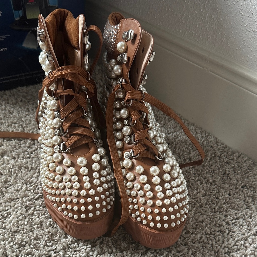 Pearl Embellished Lace-Up Boots in Brown